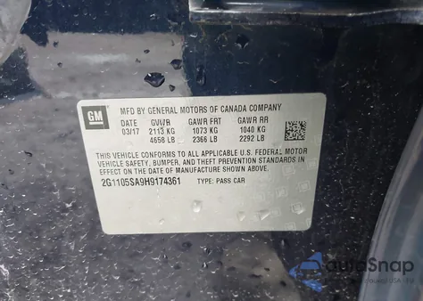 2017 Chevrolet Impala 1Lt from USA, damaged, VIN 2G1105SA9H9174361